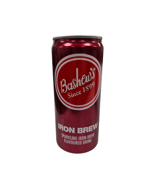 Red can of Bashley's Iron Brew from Biltong Direct on a white background