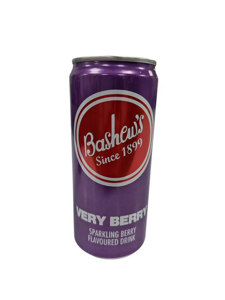 Purple can of Bashew's Very Berry sparkling berry flavored drink from Biltong Direct on a white background