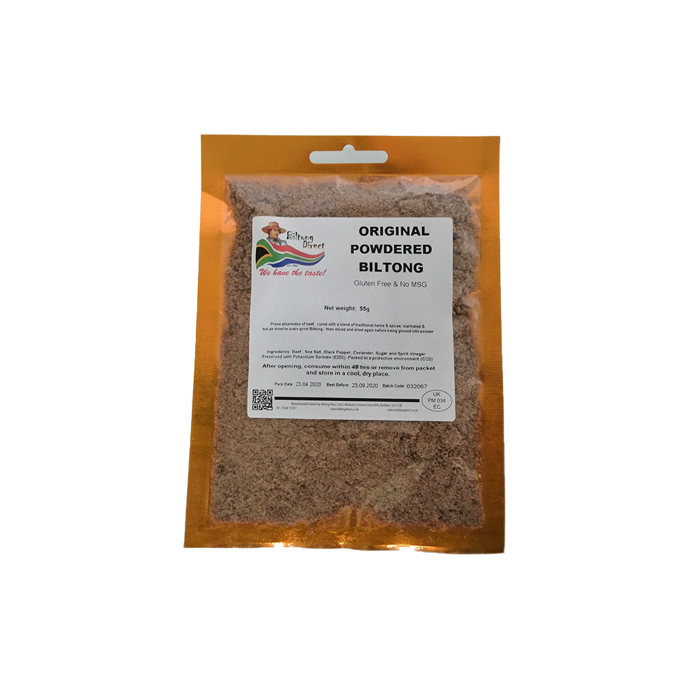 Packaging of Biltong Direct Fine Biltong Sprinkles, showing a clear plastic pouch with brown biltong powder inside, labeled as 'Original Powdered Biltong'.