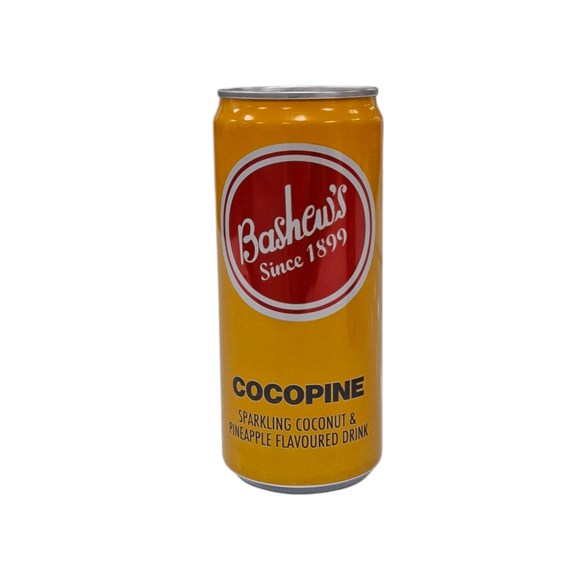 Yellow can of Bashew's Cocopine sparkling coconut & pineapple flavoured drink on a white background from Biltong Direct