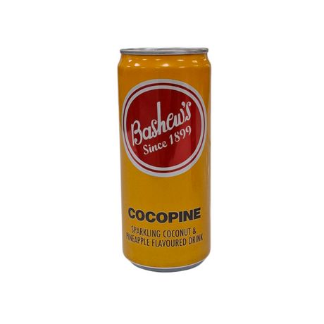 Yellow can of Bashew's Cocopine sparkling coconut & pineapple flavoured drink on a white background from Biltong Direct