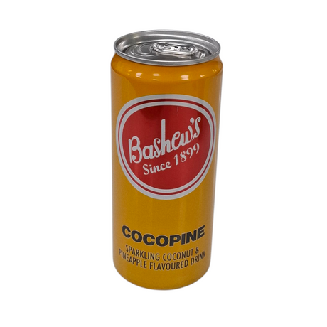 Yellow can of Bashew's Cocopine sparkling coconut & pineapple flavoured drink on a white background from Biltong Direct