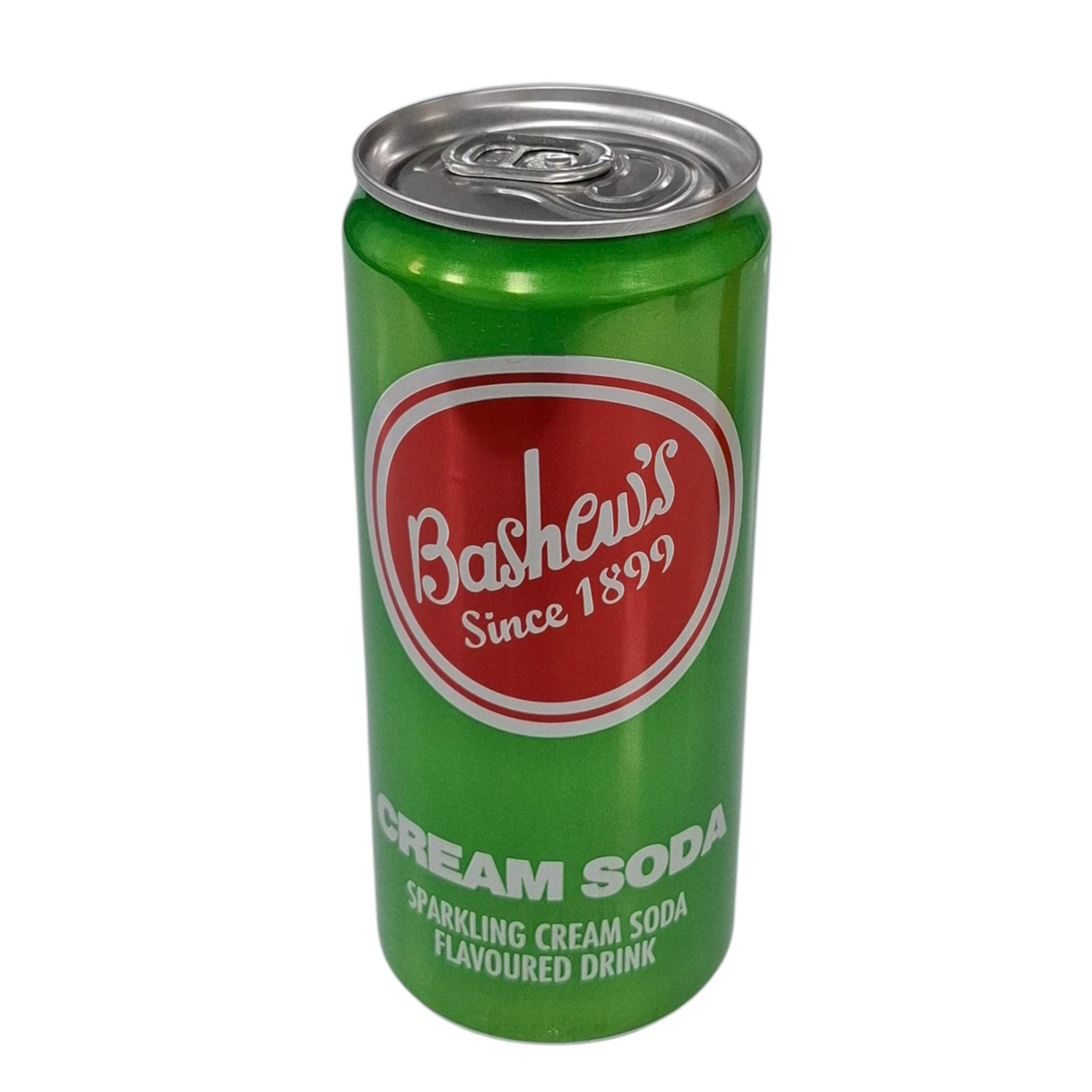 Green can of Bashew's Cream Soda with red label on a white background from Biltong Direct