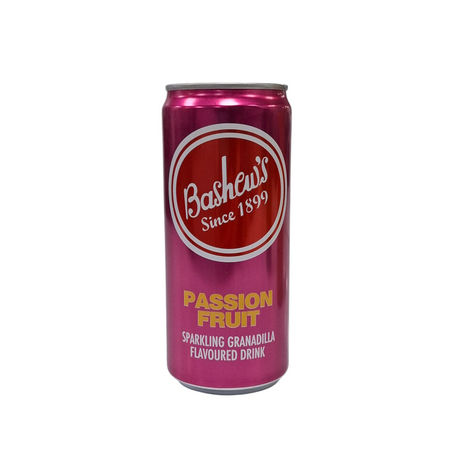 Pink can of Basheew's Passion Fruit sparkling granadilla flavored drink on a white background from Biltong Direct