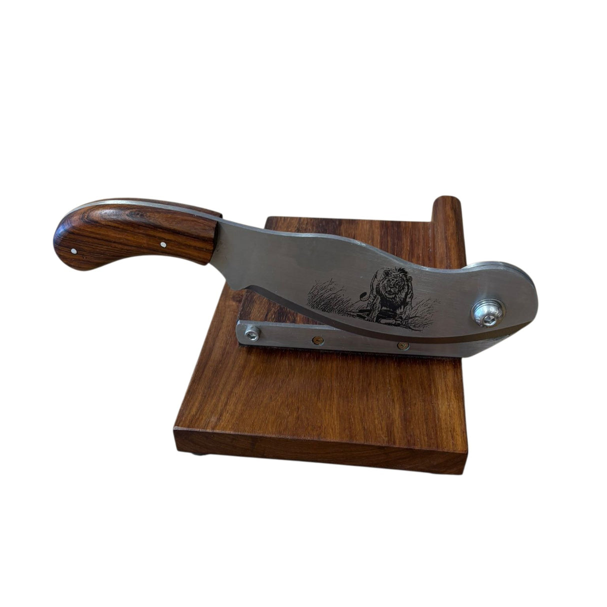 Wooden handle knife on a wooden stand with engraved design
