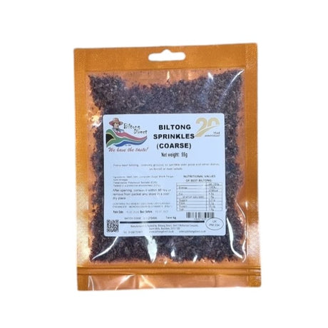 Packaging of Biltong Direct Coarse Biltong Sprinkles, showing the product in a clear plastic pouch with branding and information labels.