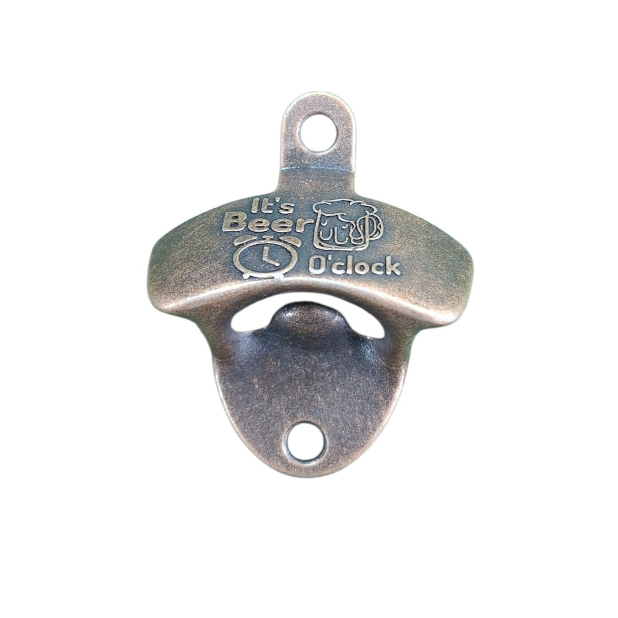 Metallic wall-mounted bottle opener with 'It's Beer O'clock' text on a white background
