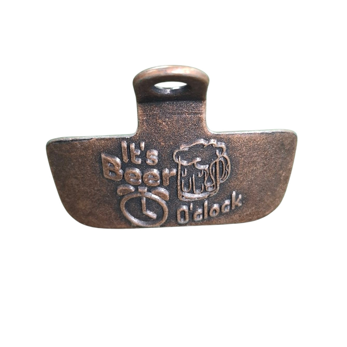 Bronze bottle opener with 'It's Beer O'clock' text and beer mug design on a white background