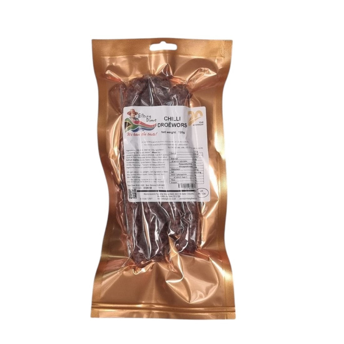 Chilli droewors from Biltong Direct, in a gold vacuum sealed packet.