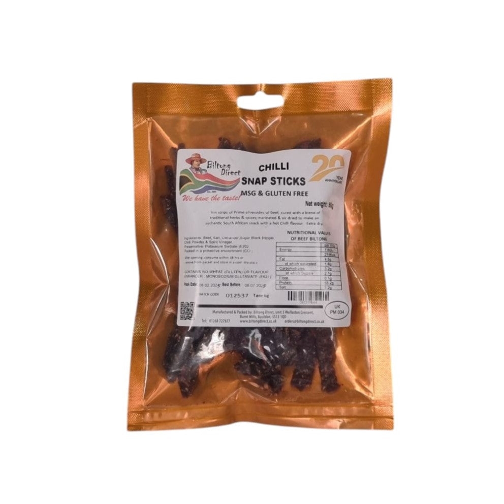 Chilli snap stick from Biltong Direct, in a gold vacuum sealed packet.