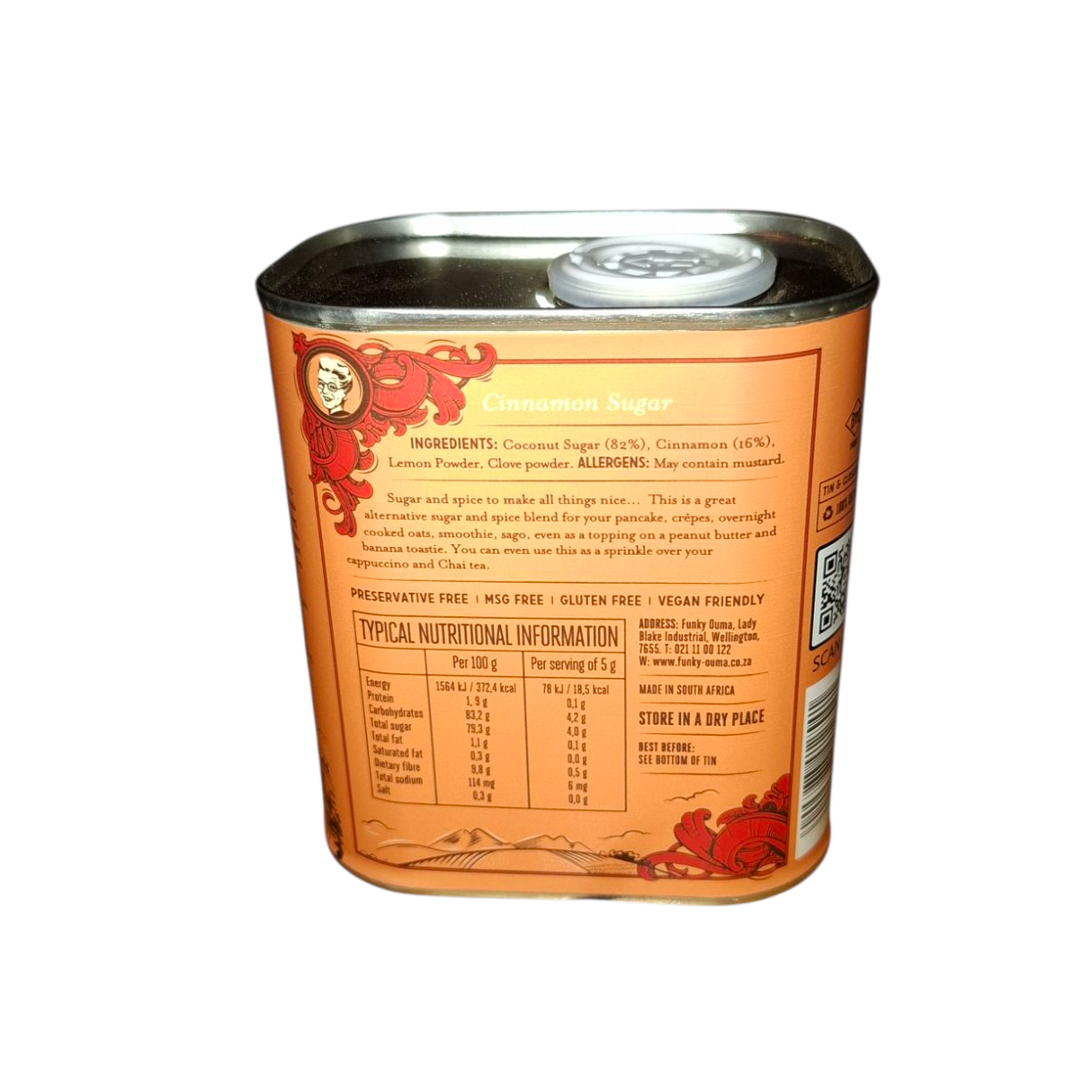 Cinnamon sugar can from Biltong Direct with nutritional information on a white background