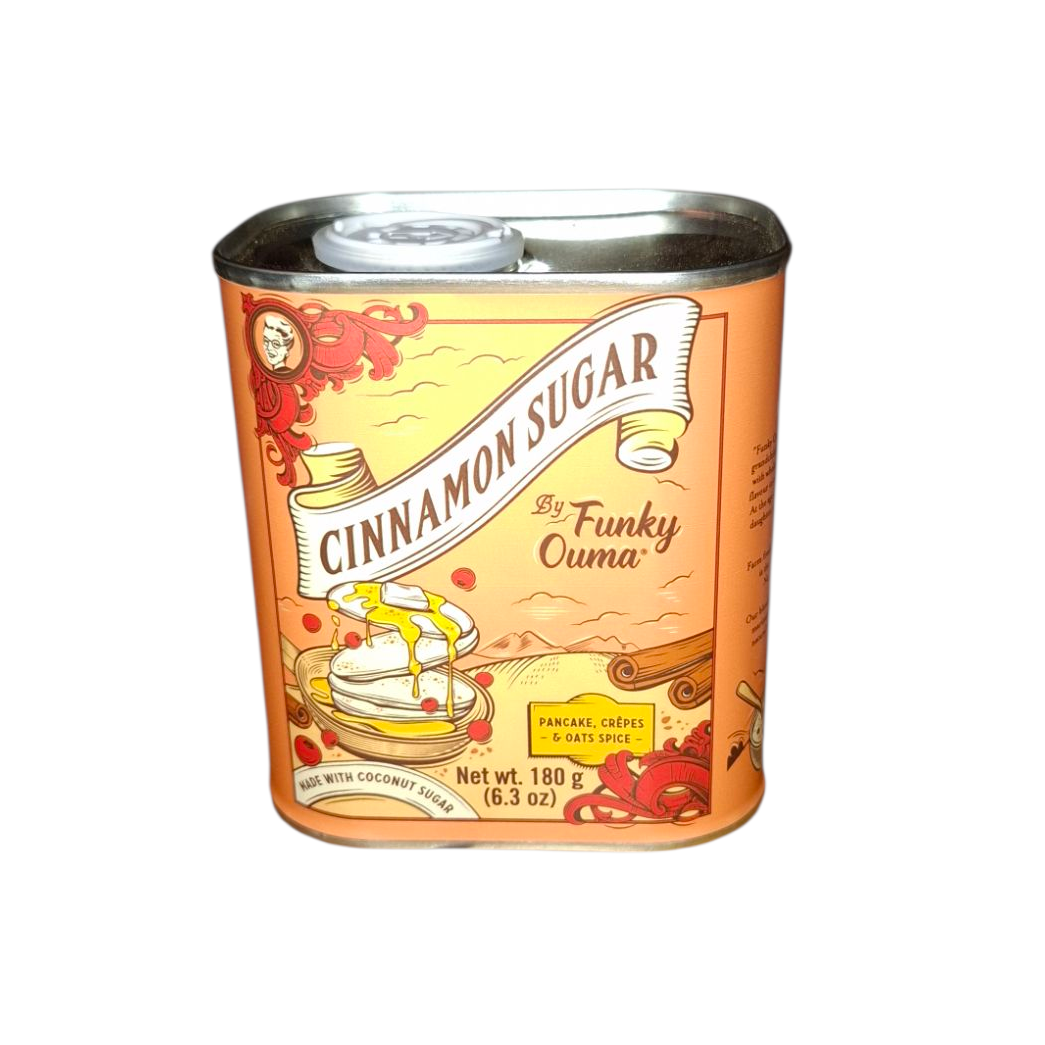 Can of cinnamon sugar by Funky Ouma from Biltong Direct on a white background