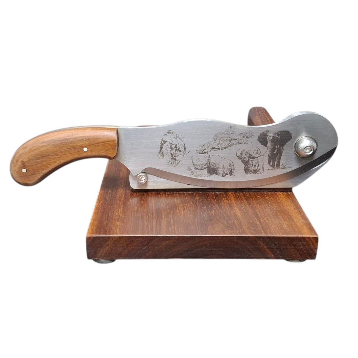 Knife with wooden handle and engraved design on a wooden stand against a white background