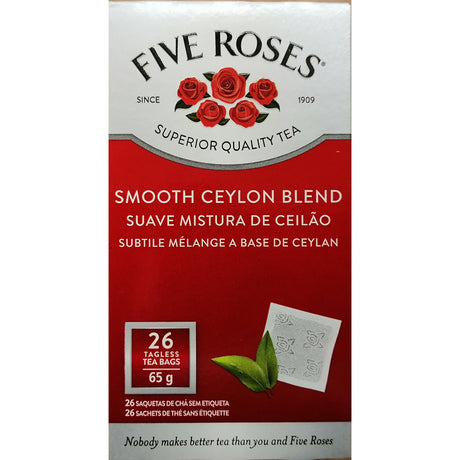 A pack of Five Roses Smooth Ceylon Blend tea from Biltong Direct with a rose illustration and Ceylon blend mention. It indicates 26 tea bags and mentions 'Since 1909' and 'Superior Quality Tea'.
