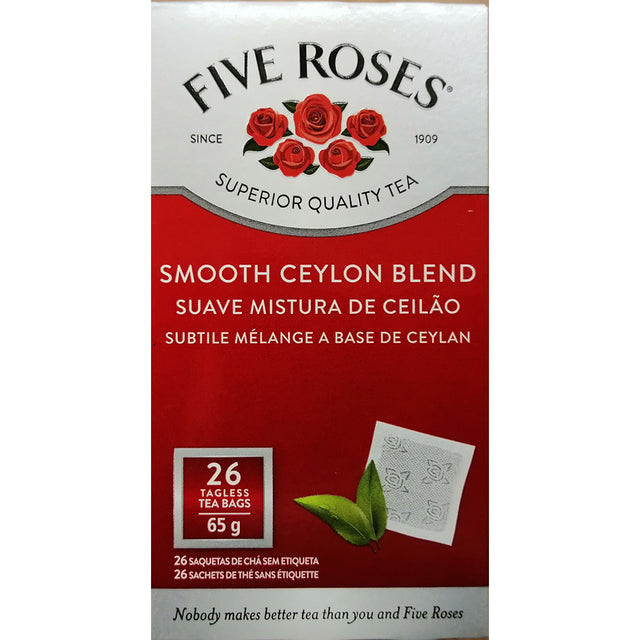 A pack of Five Roses Smooth Ceylon Blend tea from Biltong Direct with a rose illustration and Ceylon blend mention. It indicates 26 tea bags and mentions 'Since 1909' and 'Superior Quality Tea'.