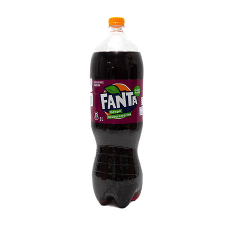 A 2-liter bottle of Fanta Grape soda from Biltong Direct  with a label predominantly in purple and green colors.