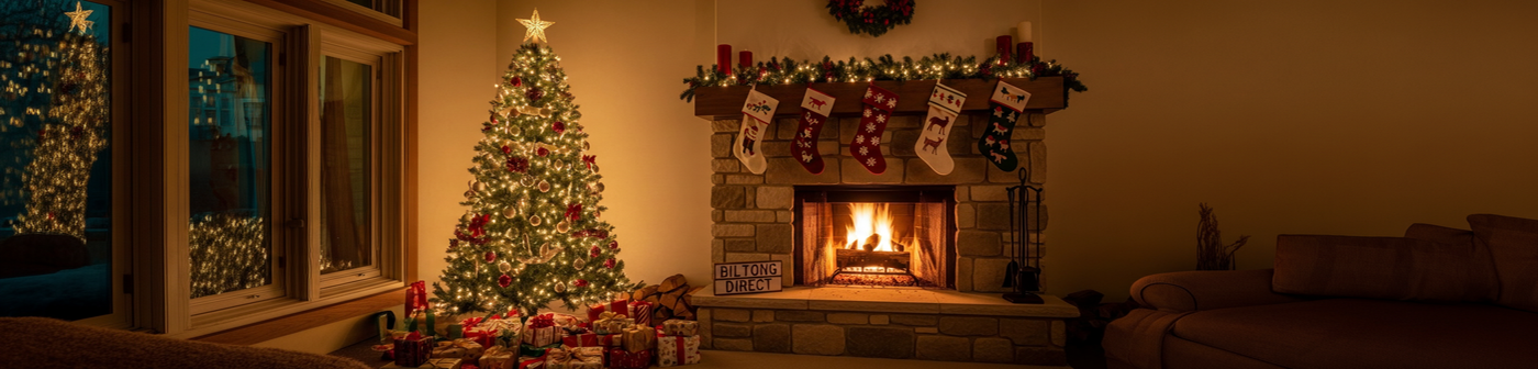 Cozy living room with Christmas tree, stockings, and fireplace.