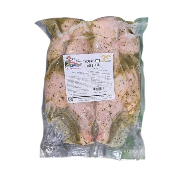 Packaged chicken flatties with lemon and herb seasoning from Biltong Direct visible through the plastic wrapping.