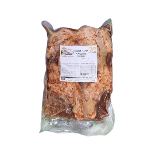 Packaged chicken flatties from Biltong Direct in a plastic bag with visible peri peri seasoning.