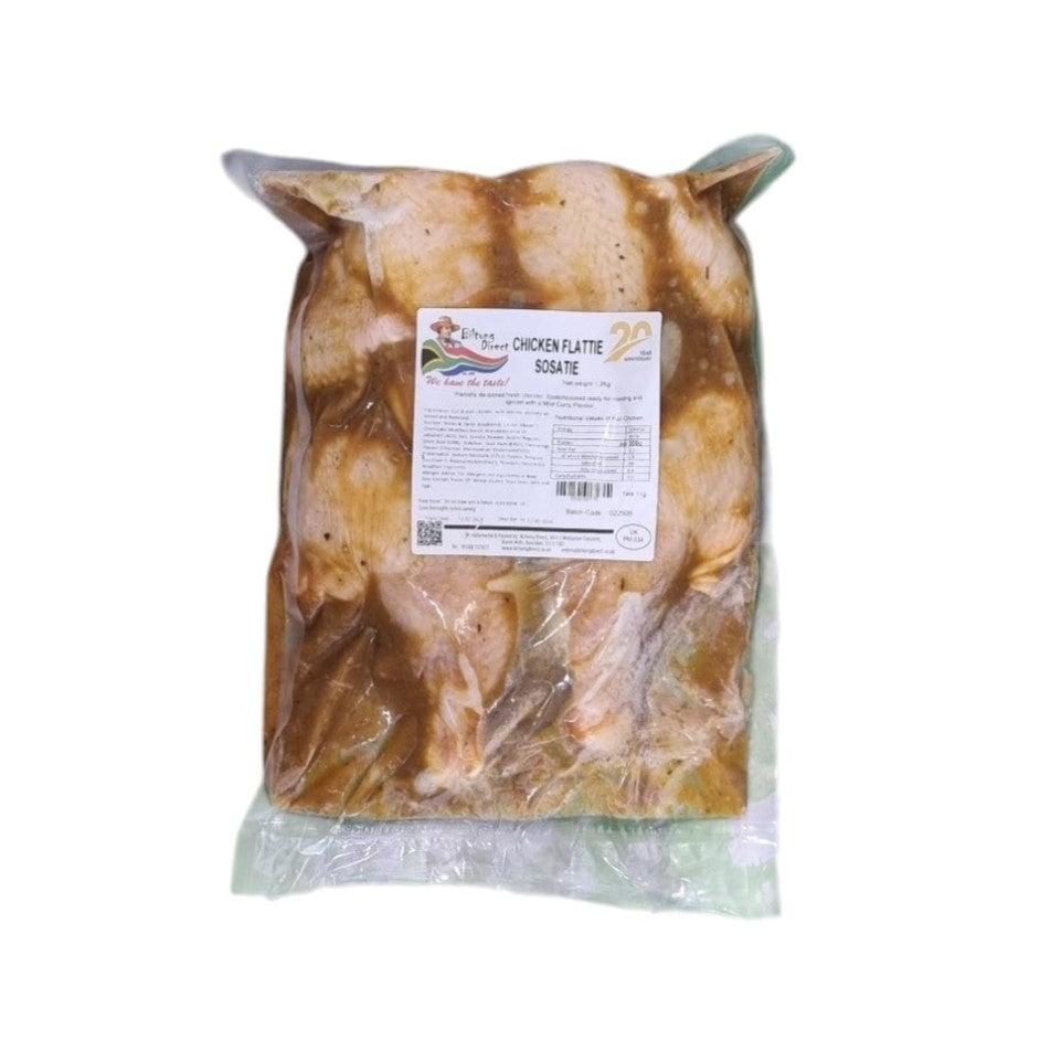 Packaged chicken flatties from Biltong Direct in a clear plastic bag with a label showing the brand and product name.