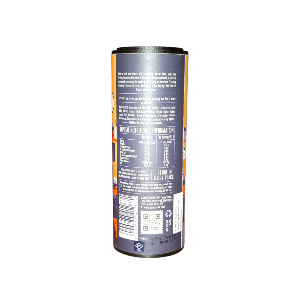 Back label of frying seasoning on a white background from Biltong Direct