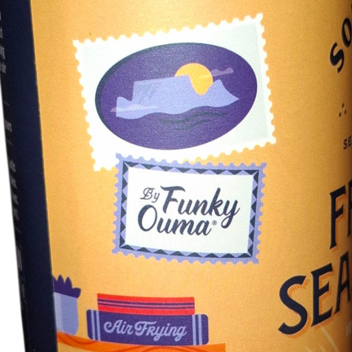 Product packaging with 'Funky Ouma' branding and a stylized logo on an orange background from Biltong Direct.