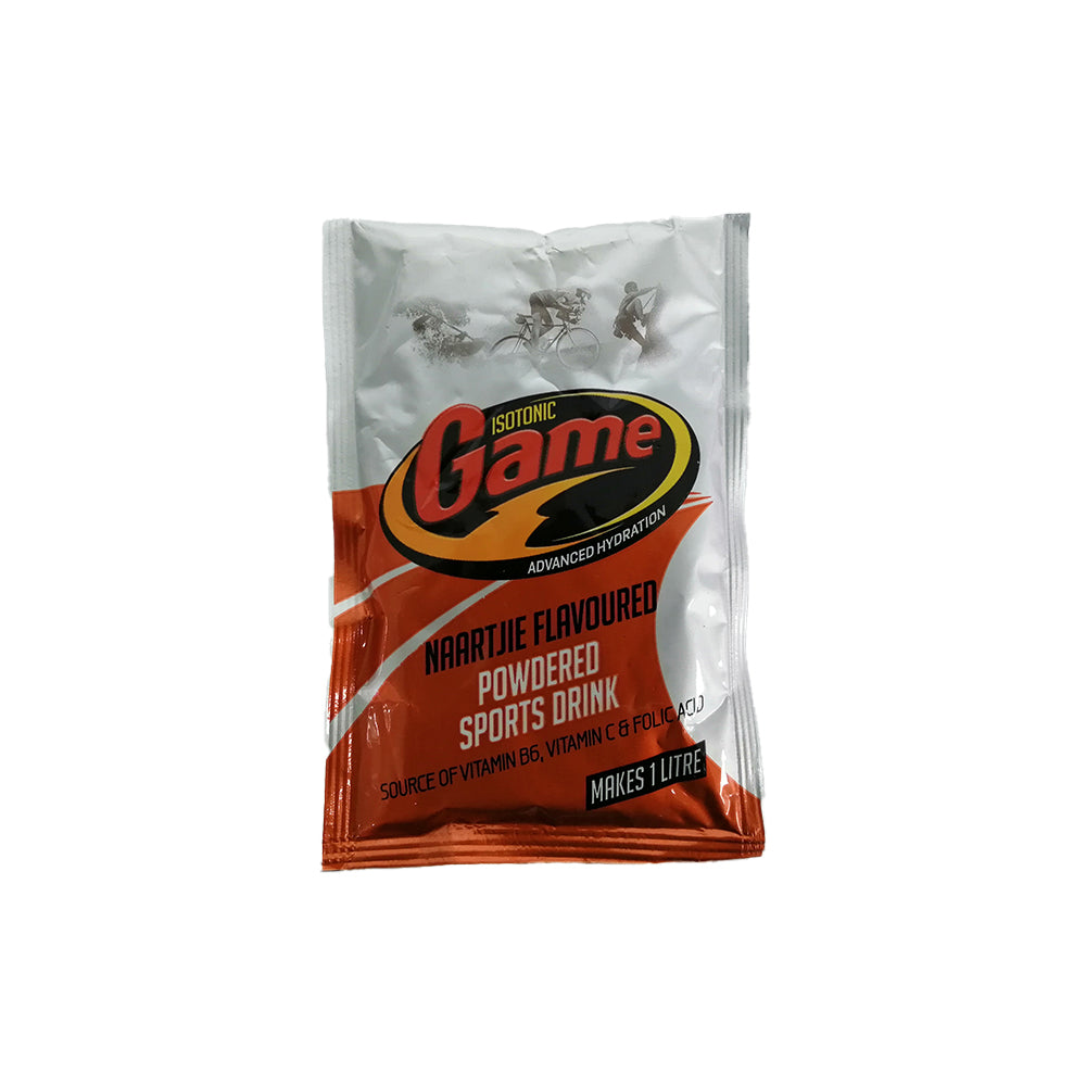 A packet of Isotonic Game Naartjie flavored isotonic powder from Biltong Direct. The packet is predominantly orange with text and branding, and it appears to be a powdered sports drink.