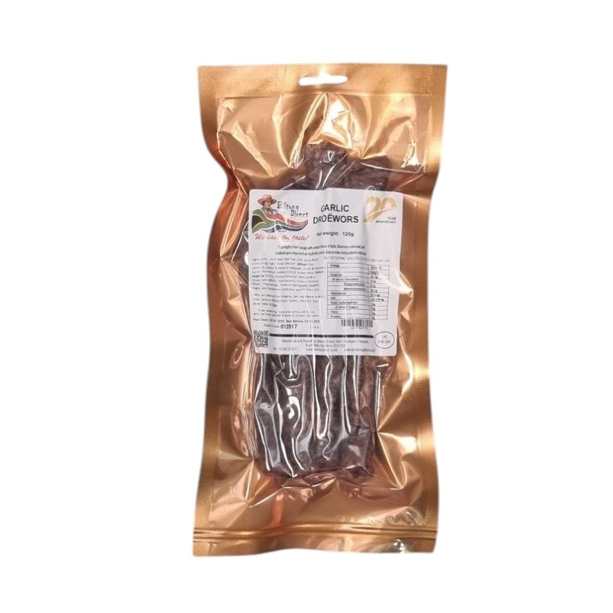 Garlic droewors from Biltong Direct, in a gold vacuum sealed packet.