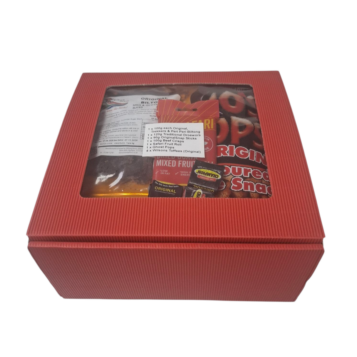 Closed red gift basket with various snack packages including biltong, snap sticks droewors, Simba and Safari brands, from Biltong Direct