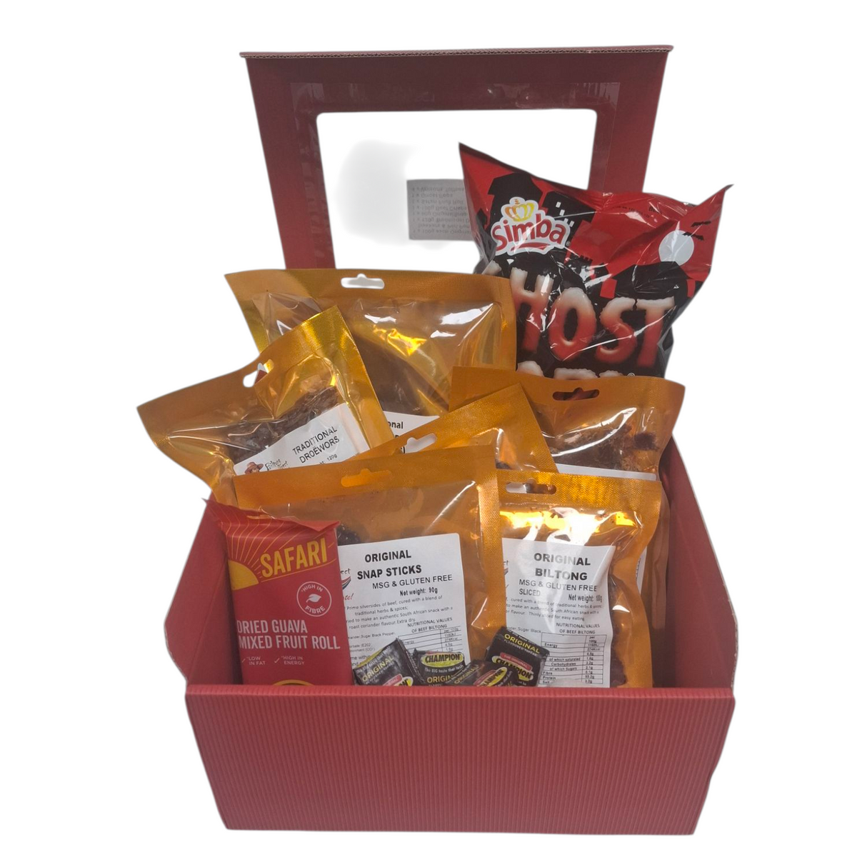 Red gift basket with various snack packages including biltong, snap sticks droewors, Simba and Safari brands, from Biltong Direct