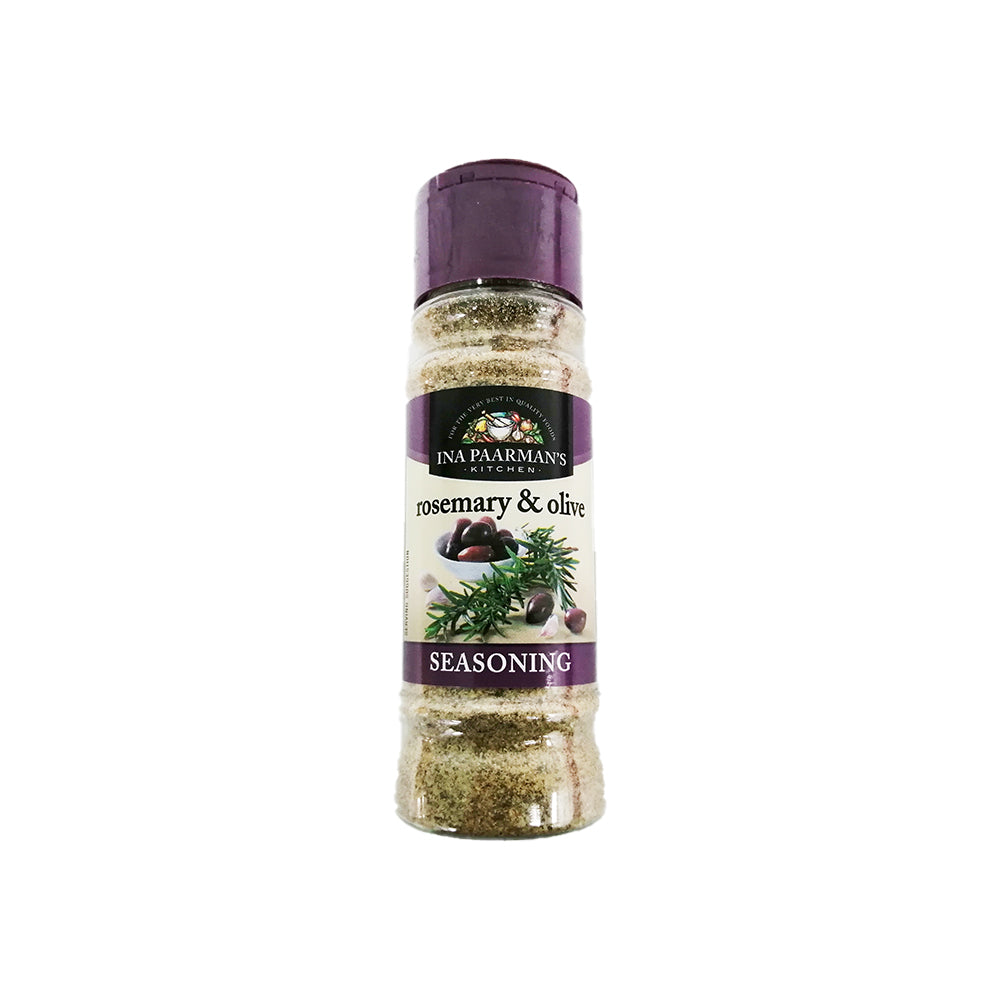 A bottle of Ina Paarman Rosemary & Olive seasoning, 200ml from Biltong Direct, with a visible label showing the product name and an image of rosemary leaves.