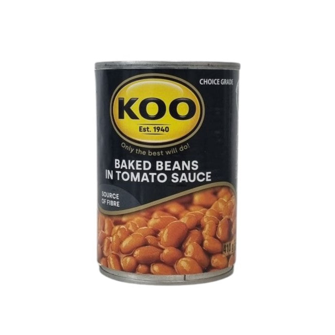 A can of KOO Baked Beans in Tomato Sauce from Biltong Direct, showing the beans behind a transparent glass with the brand's logo and information.