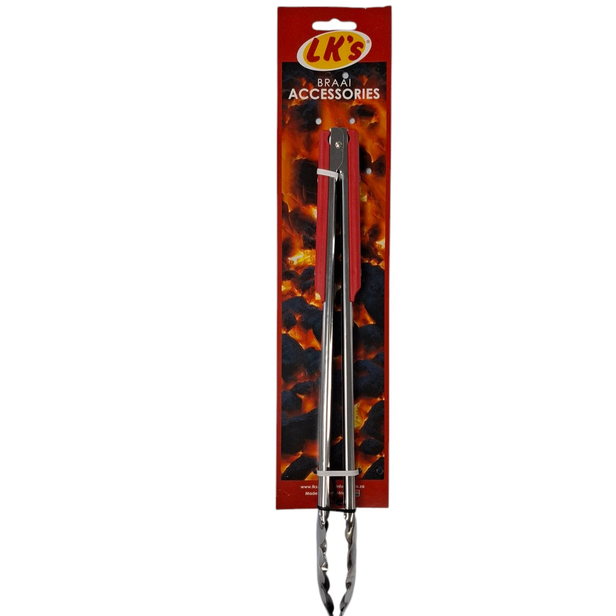 A pair of LK's brand beraai tongs from Biltong Direct displayed on a packaging card with a braai (barbecue) theme.