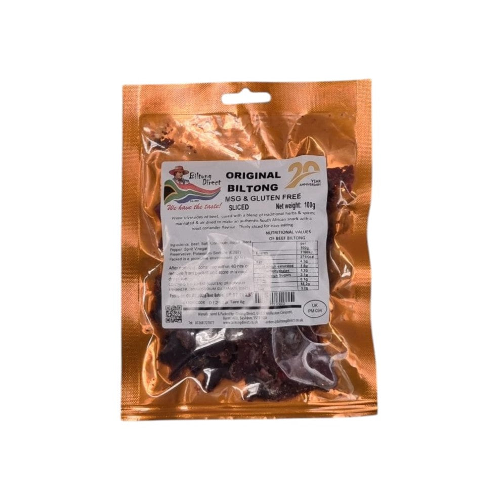 Original biltong from Biltong Direct, in a gold vacuum sealed packet.