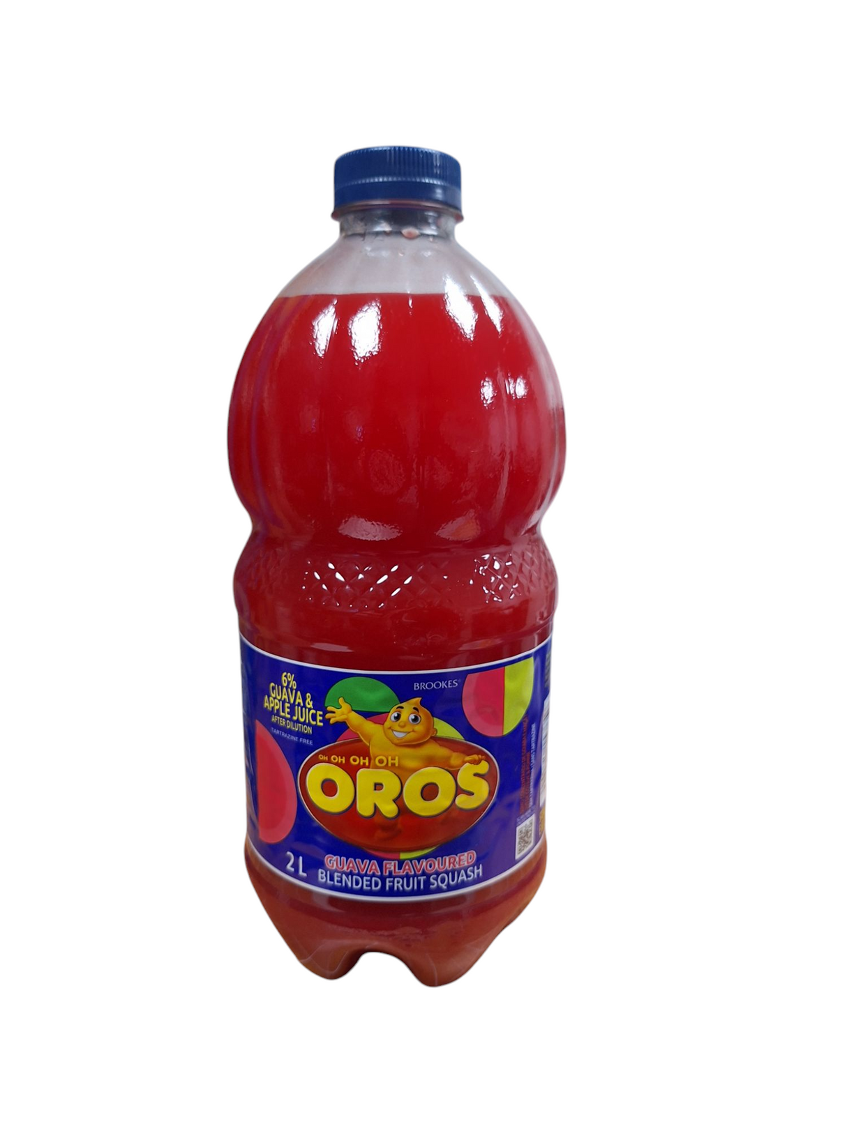 A 2L plastic bottle of Brookes Oros Guava flavored squash from Biltong Direct.