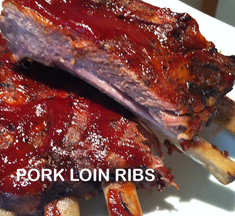 A photo showing a serving of pork loin ribs from Biltong Direct, marinated and coated in barbecue sauce, with the text 'Pork Loin Ribs' visible on the image.