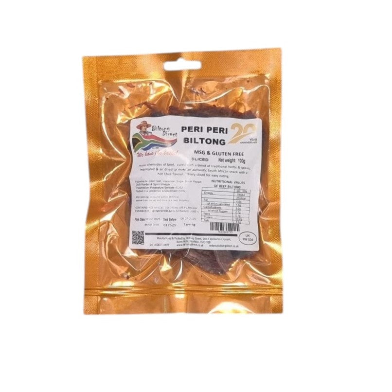 Peri peri sliced biltong from Biltong Direct, in a gold vacuum sealed packet.