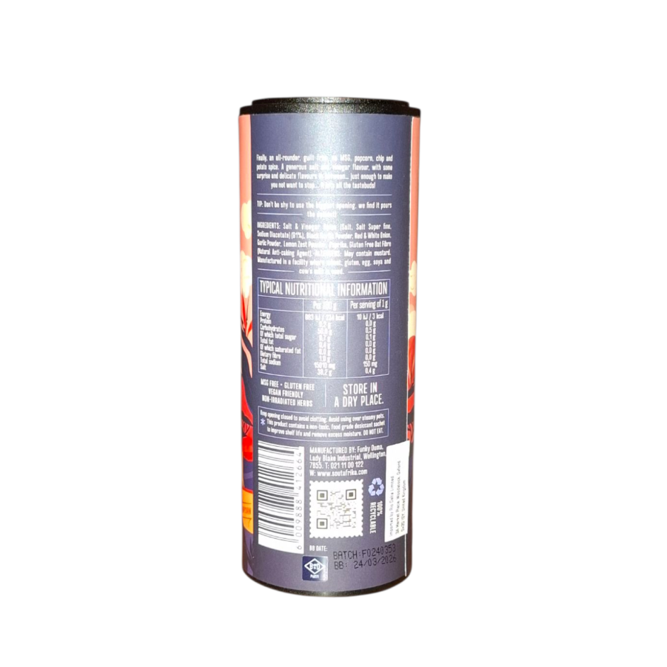 Back label of popcorn sprinkle container from Biltong Direct on a white background