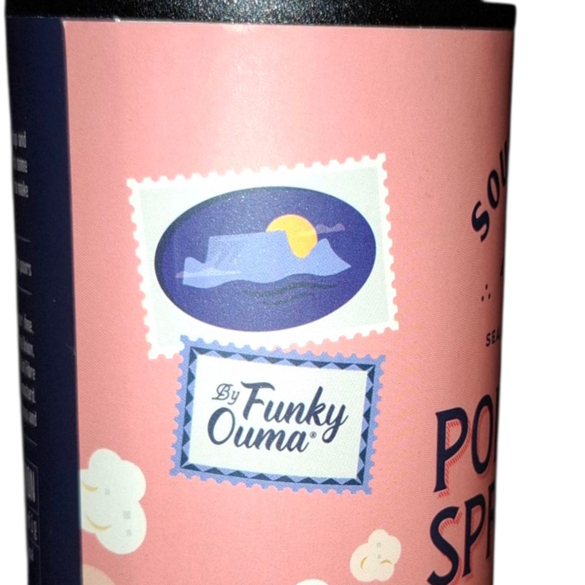 Product packaging of popcorn sprinkle by 'Funky Ouma' from Biltong Direct on a pink background
