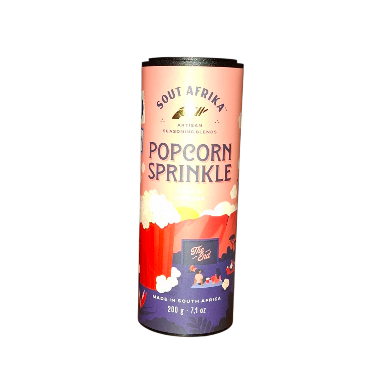 Sout Afrika Popcorn Sprinkle seasoning canister from Biltong Direct on a white background