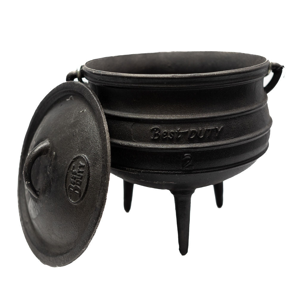A black cast iron potjies no 2 with three legs and a lid from Biltong Direct, on a white background.