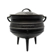 A black cast iron potjies with three legs and a lid from Biltong Direct, on a white background.