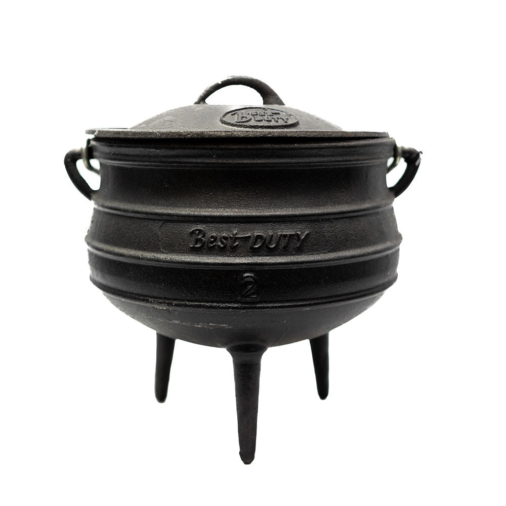 A black cast iron potjies with three legs and a lid from Biltong Direct, on a white background.