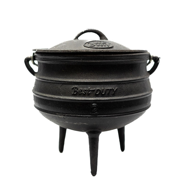 A black cast iron potjies with three legs and a lid from Biltong Direct, on a white background.