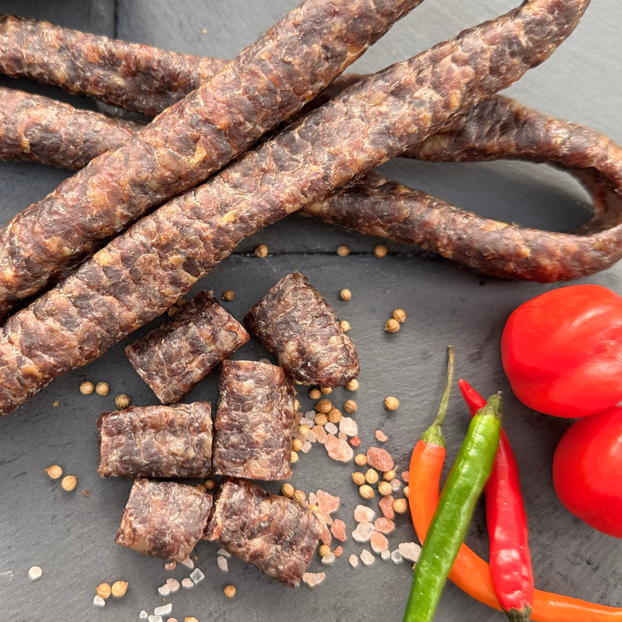 Chilli Droewors or drywors, a dried sausage from Biltong Direct with red and green peppers on a dark surface