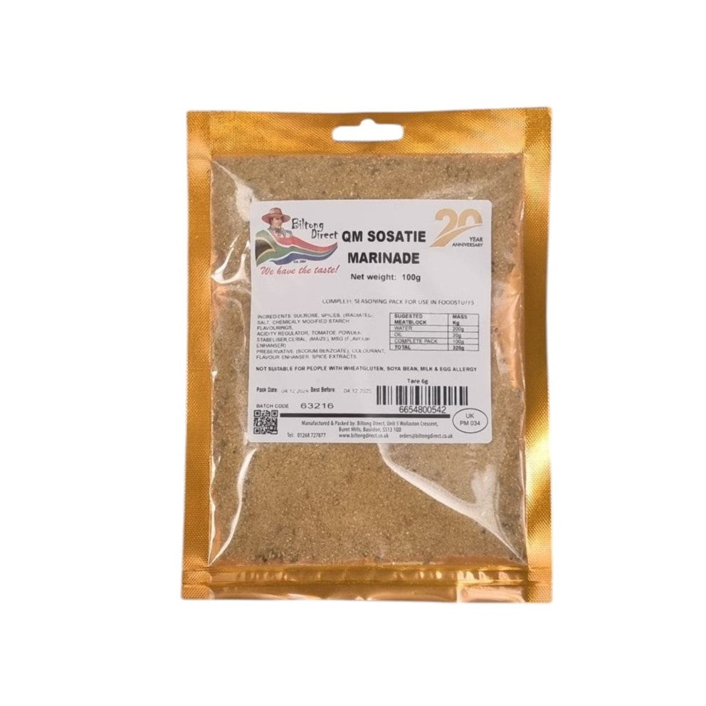 A packet of Biltong Direct Sosatie Marinade, which is a traditional Cape Malay spice blend in a gold-colored packaging with a clear window showing the brown powder inside.