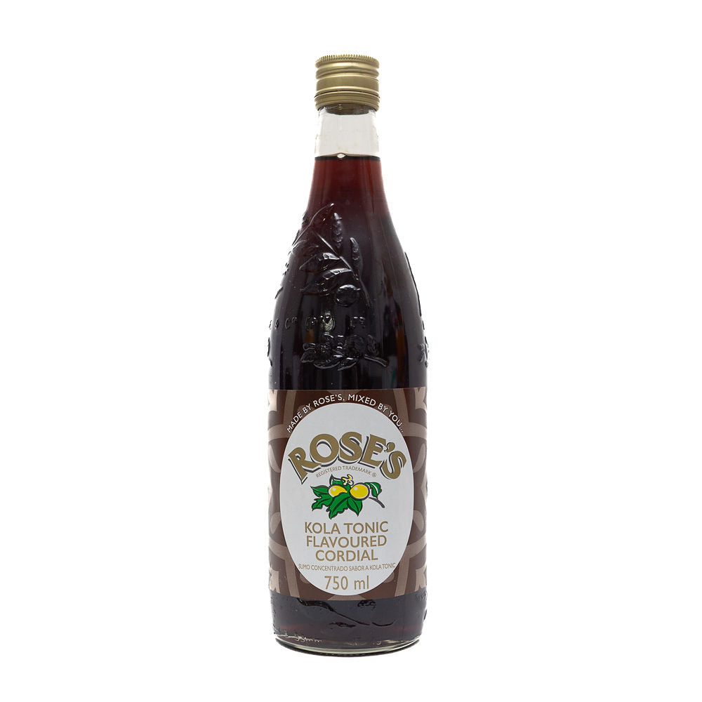 A bottle of Rose's Kola Tonic Flavoured Cordial from Biltong Direct with a label that includes the brand name and the product flavour.
