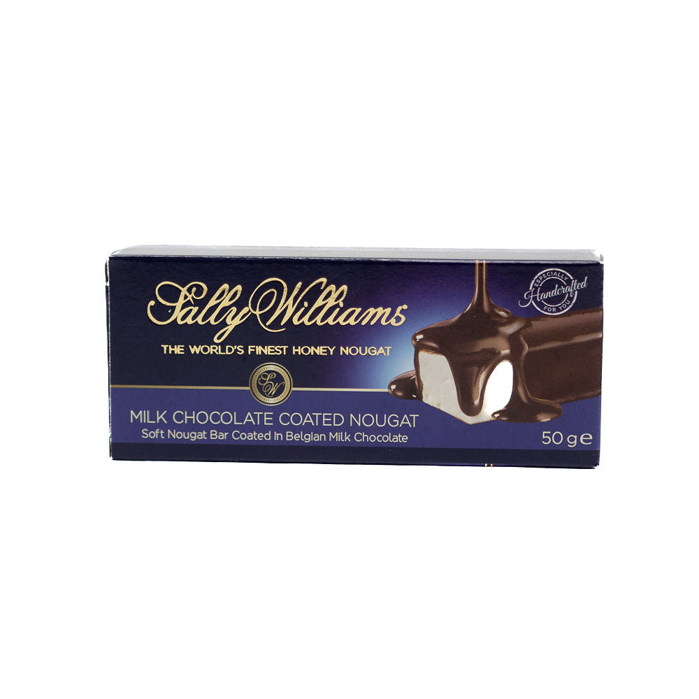 Packaging of Sally Williams Milk Chocolate Coated Nougat from Biltong Direct with an image of the chocolate bar on the front.