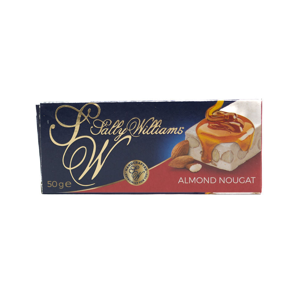Packaging of Sally Williams Almond Nougat from Biltong Direct showing the brand logo, product name, weight, and an image of the nougat snack.