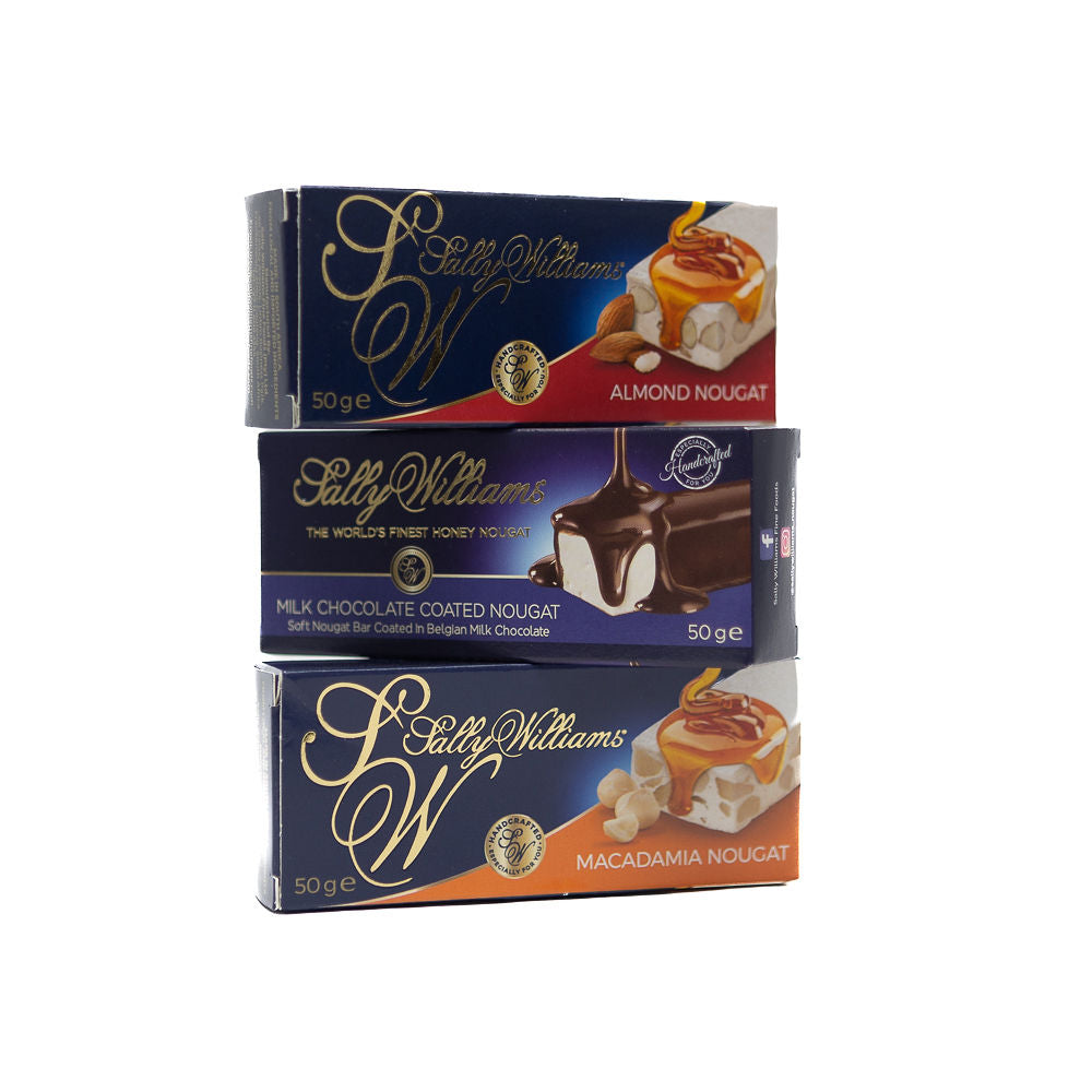 Assortment of Sally Williams Nougat from Biltong Direct in Macadamia, Milk Chocolate and Almond flavours